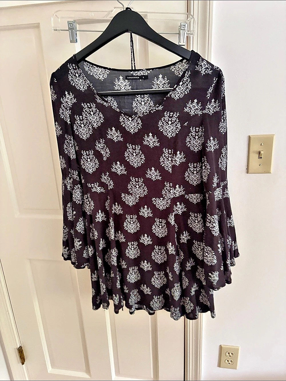 Catch Stitch Black and White Floral Bell Sleeve Mini Dress